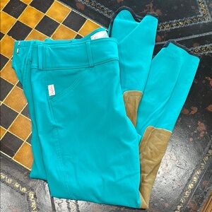 Teal Tailored Sportsman Breeches with Tan Patches sz 30